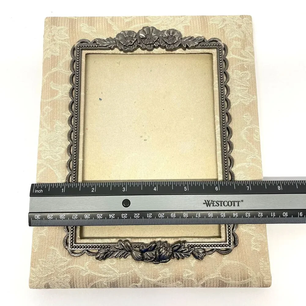 Vintage Russ Berrie 5x7 Fabric Pewter Floral Photo Frame with Tag-Tabletop